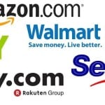 The marketplace logos of Amazon com, Walmart, and Sears.