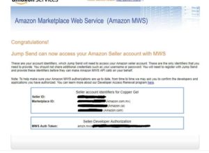 amazon seller central mws authorization auth token with seller id, marketplace id, and mws auth token.