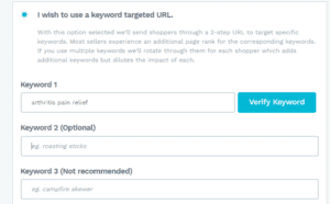 jumpsend promotion setup. amazon keyword targeted super URL with up to 3 keywords.
