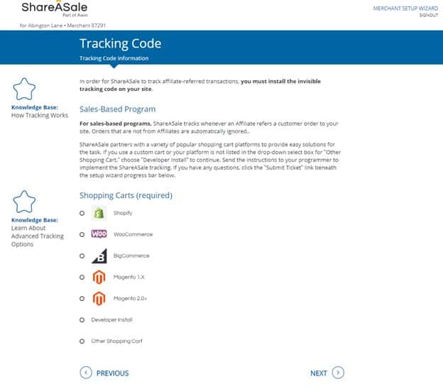 how to add a tracking code on share a sale. choose your shopping cart from shopify, woocommerce, bigcommerce, and magento.