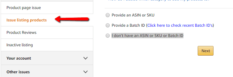 seller central Amazon SKU ASIN help ticket