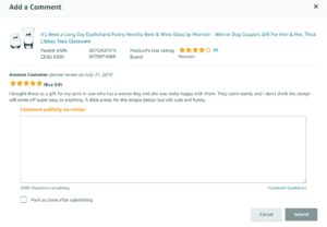 Description: A screen shot of the comment page in seller central management.
