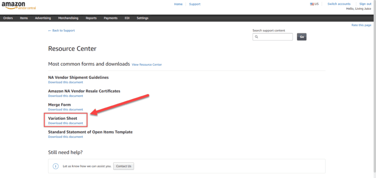 variation sheet amazon vendor central parentage document