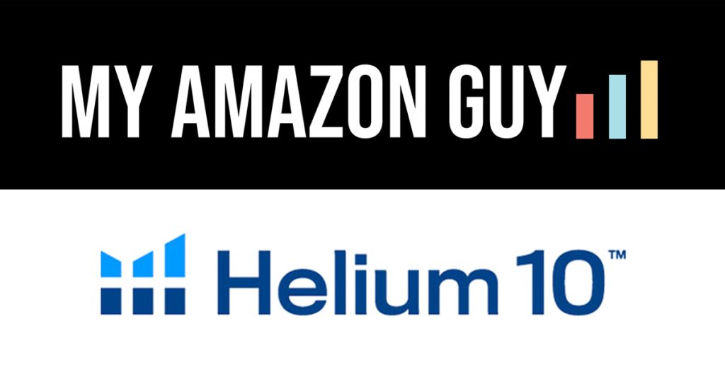 The logos for my amazon guy and helium 10, both offering comprehensive Amazon account management solutions.