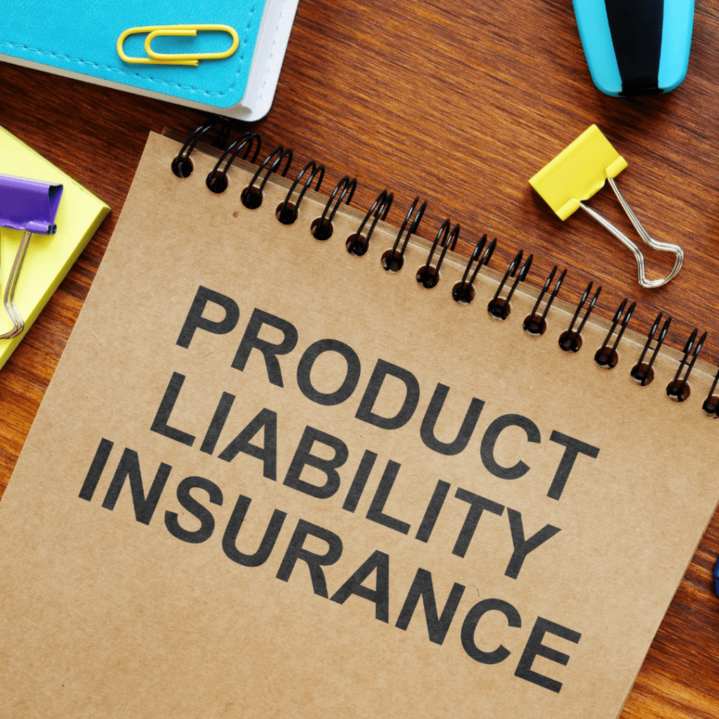 A notebook with the words "product liability insurance" on it, available on Amazon.