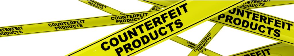 A yellow caution tape featuring the words "counterfeit products" serves as a visual warning in the marketplace.