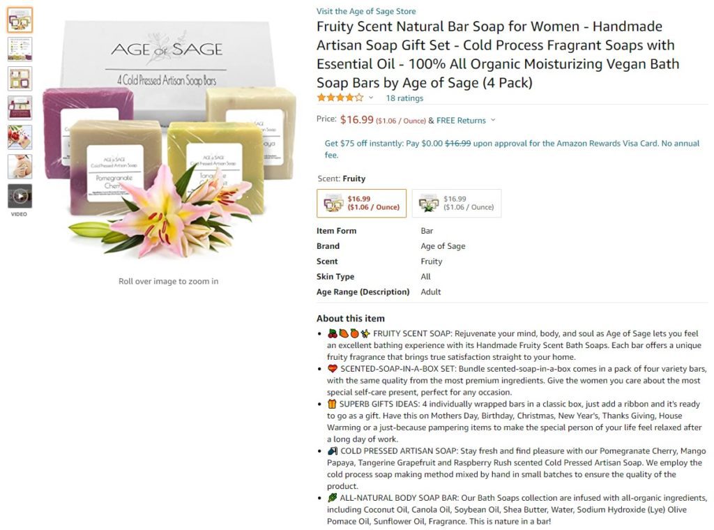 A picture of a soap bar with a flower on it available for purchase on an online marketplace.