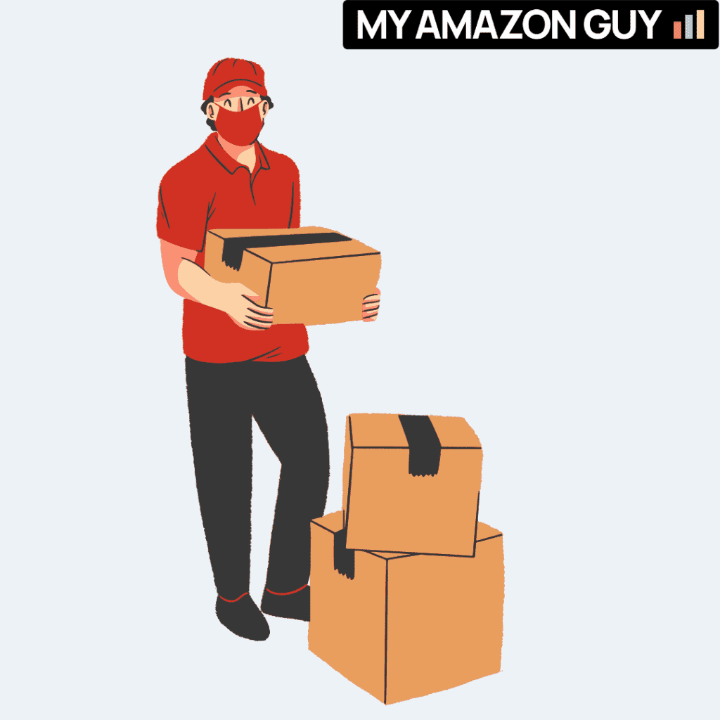 A man carrying boxes with the words "My Amazon Guy" represents a successful partnership in marketplace branding and marketing management.