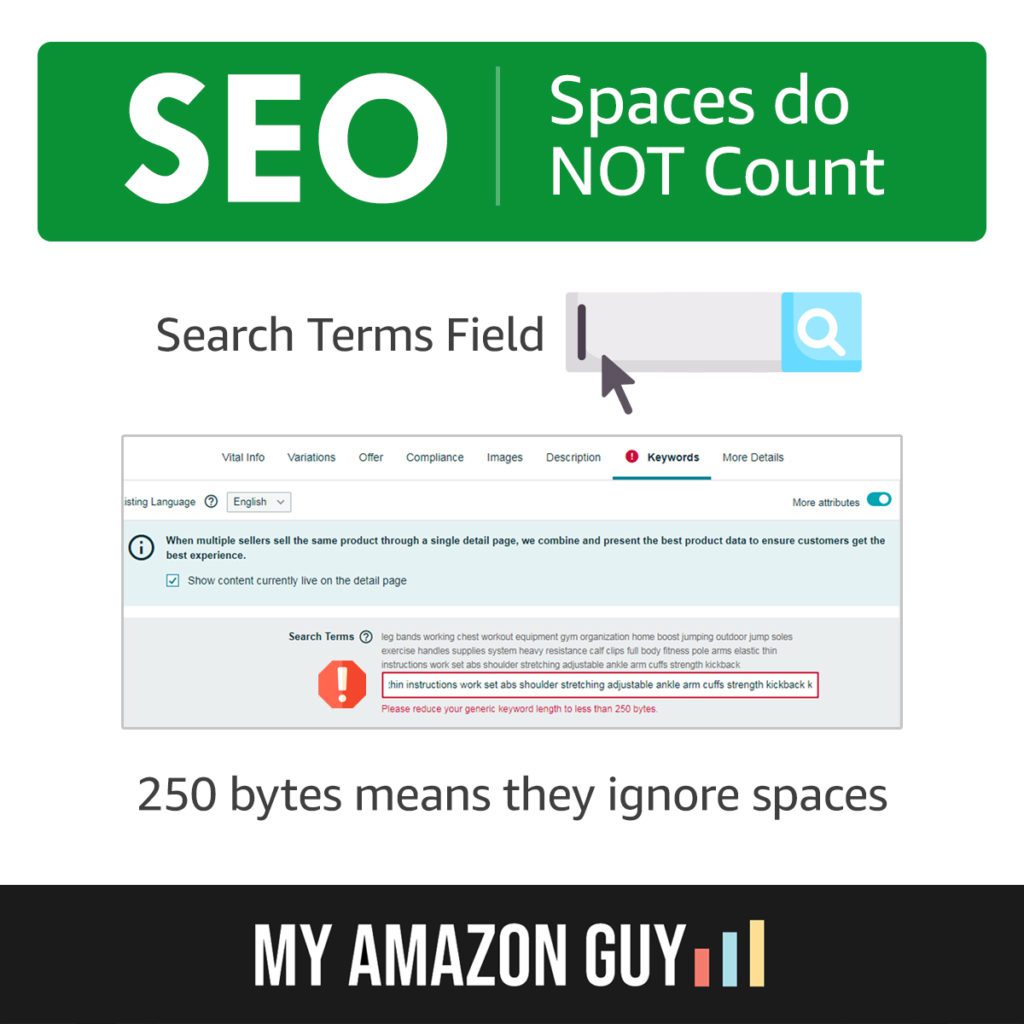 SEO spaces do not count in the search terms field.