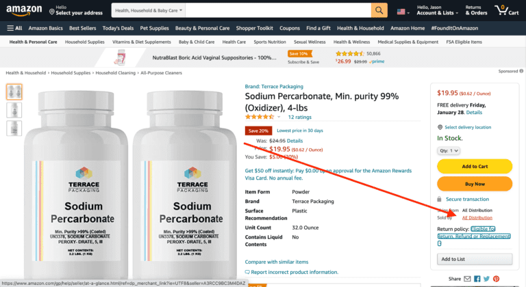 Amazon listing with seller central management for a product at a price in the marketplace.