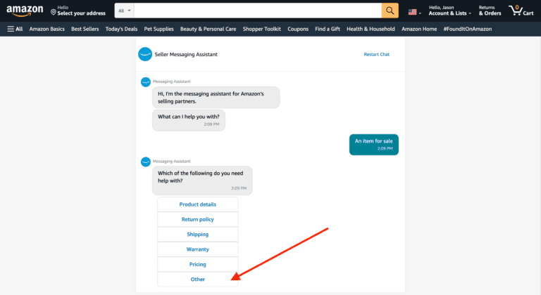 A screenshot of the Amazon chat page with an arrow pointing to it, showcasing exceptional customer support offered by marketplace sellers.