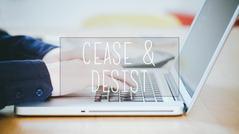 A person typing on a laptop with the words case & desist in the context of account management for a seller central marketplace.