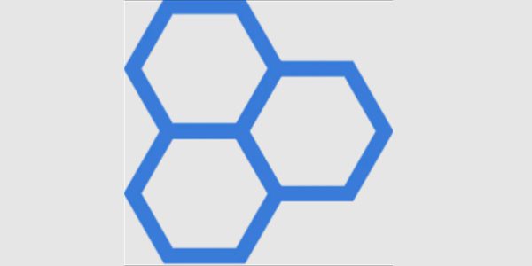 A blue hexagon logo on a white background for an online marketplace.
