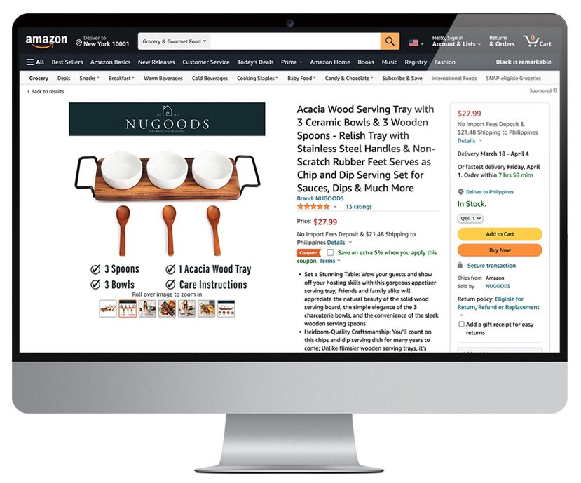 A computer screen displaying an Amazon product page with Seller Central management.