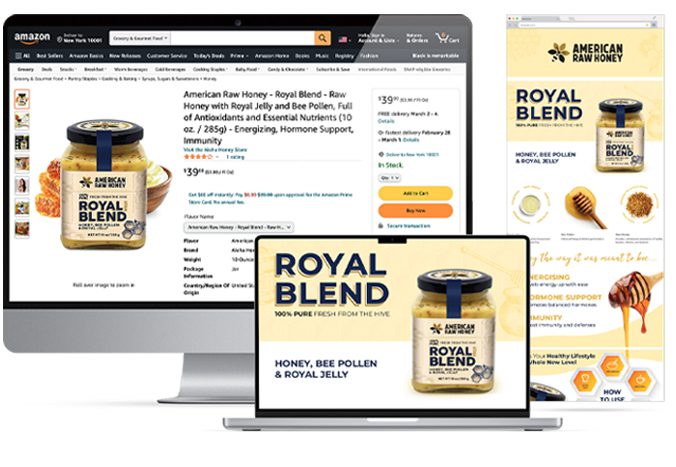 A computer screen displaying the Amazon Royal Blend ad managed by My Amazon Guy.