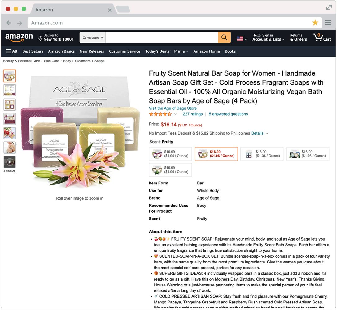 Amazon page featuring a bar of soap in the marketplace.