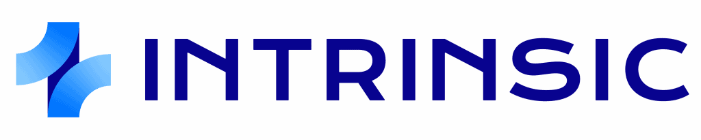 A blue logo with the word intrinsic on it.