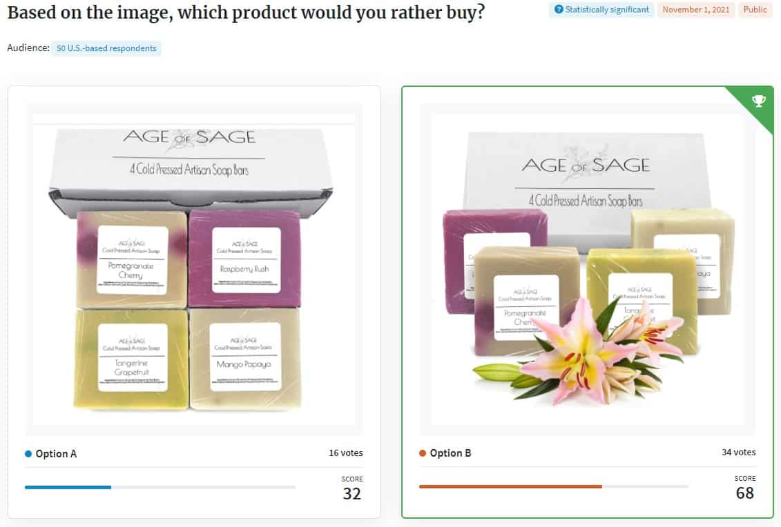 A marketplace page showcasing an exquisite picture of a soap and a beautiful flower.