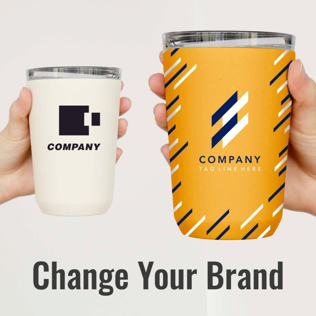 A person holding a cup with the words change your brand while utilizing seller central management.