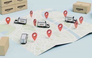 A map featuring a fleet of Amazon trucks and labeled boxes, showcasing efficient logistics and delivery within the account management system.