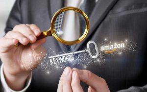 A businessman utilizing a magnifying glass to analyze marketplace account management on Amazon keywords.