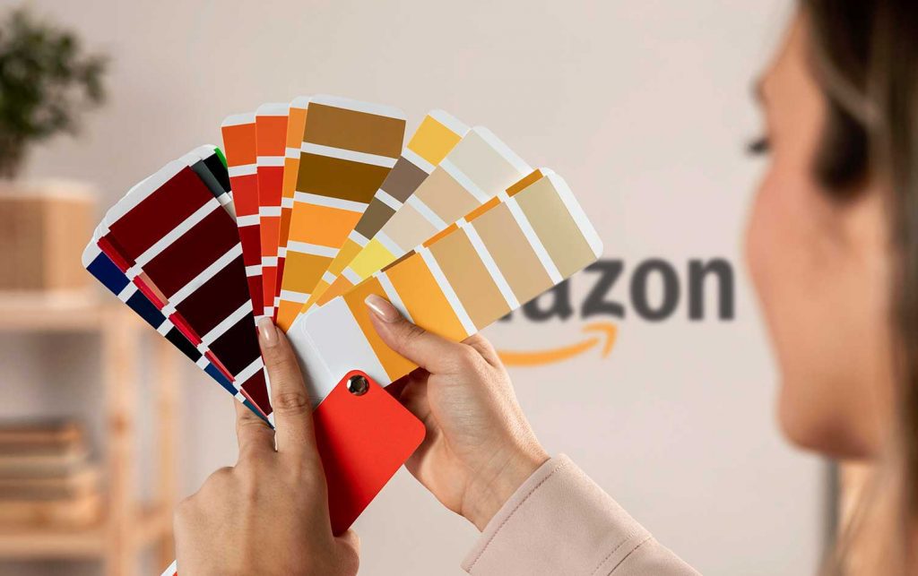 Description: A woman utilizing seller central management to hold up a color palette for amazon.