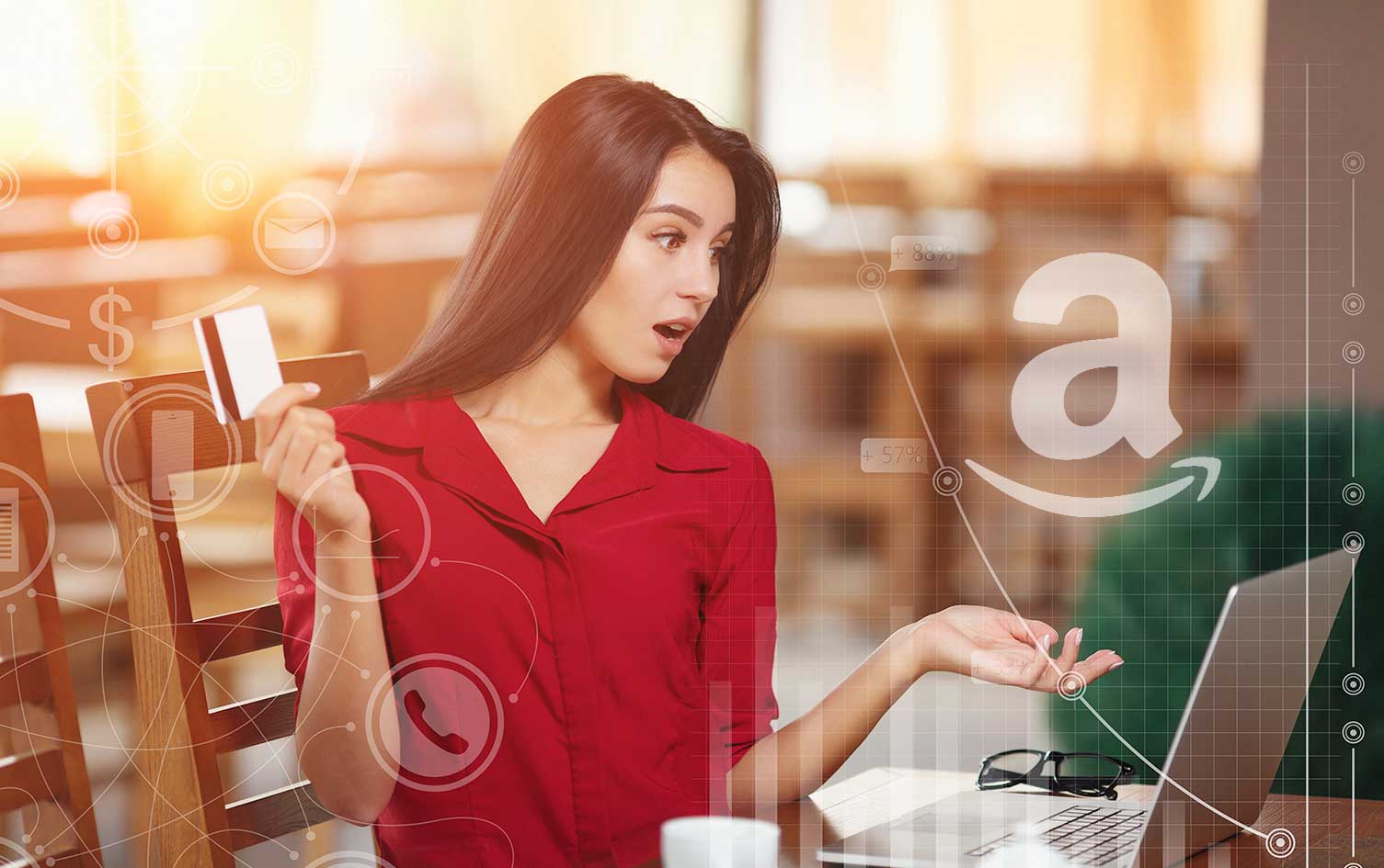 A woman is sitting at a table with a laptop, engaging in seller central management.