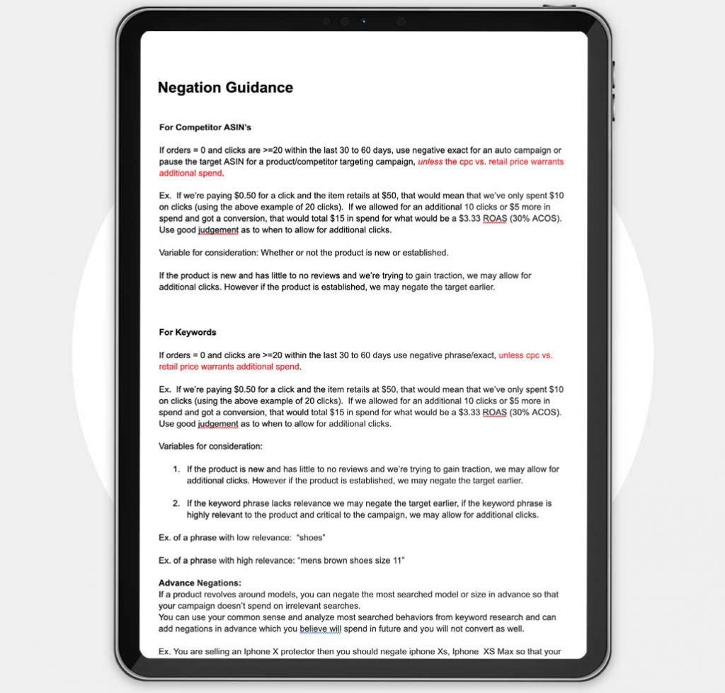 A tablet displaying a document with the word 'negotiation' is being utilized by a seller for their Amazon Seller Central management.