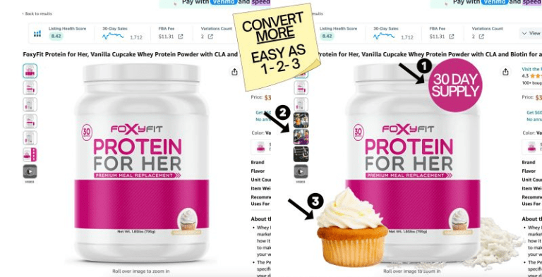 A picture of a cupcake and a bottle of protein for her, featured on Amazon.