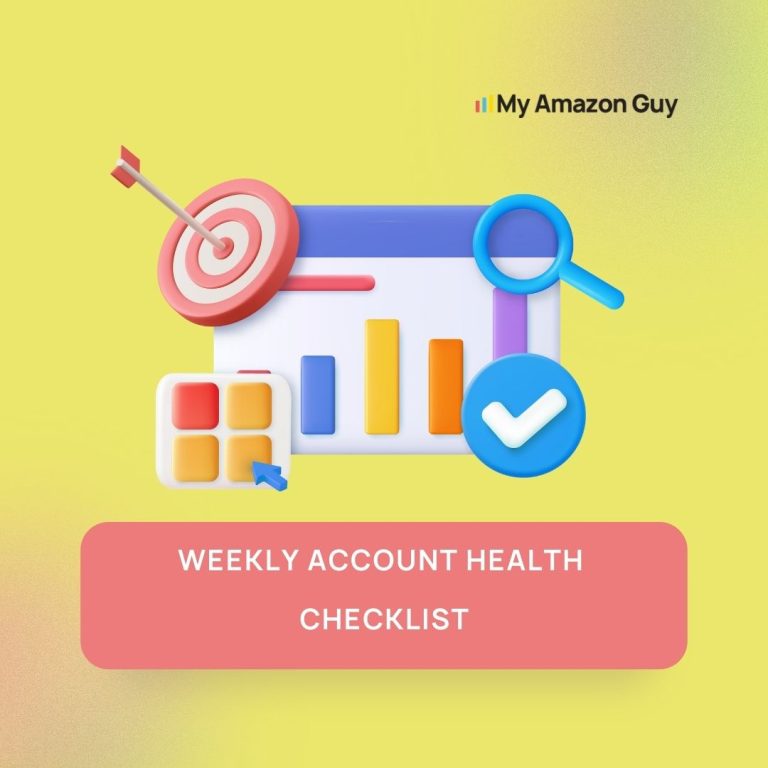 A yellow background with the words 'amazon guy weekly account health checklist' in bold, showcasing the importance of marketplace management for Amazon sellers.