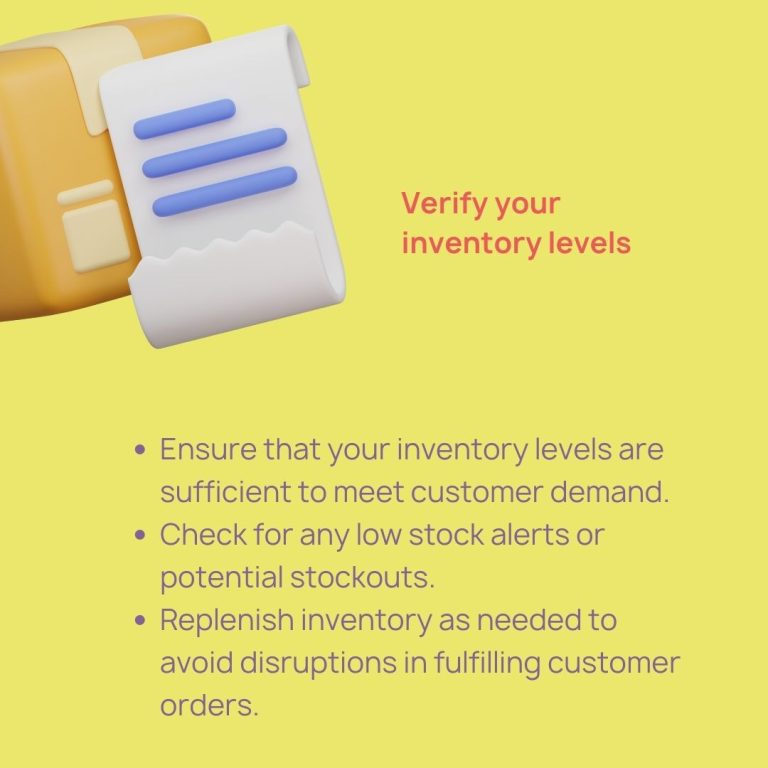 Verify your inventory levels on Amazon's Seller Central Management marketplace with a yellow document.