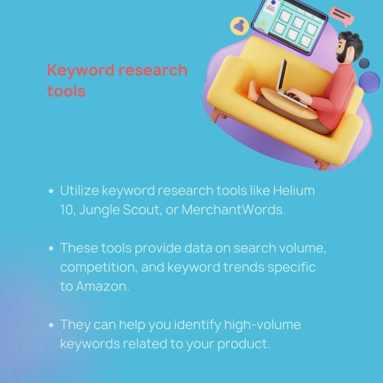 A poster featuring the words "keyword research tools" and showcasing the expertise of My Amazon Guy in marketing management.