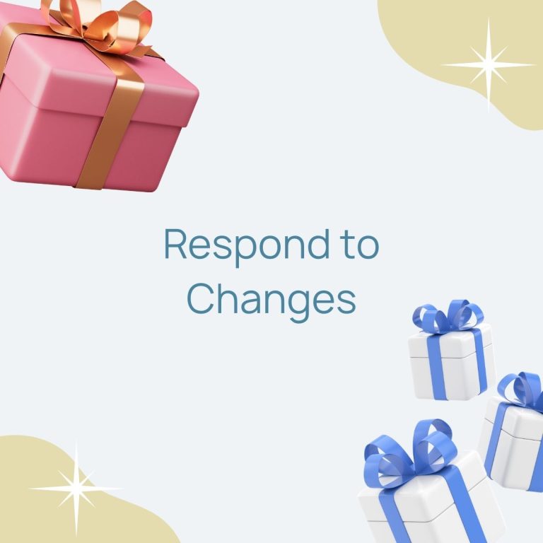 A blue and pink gift box with the words respond to changes in marketplace and marketing management.