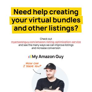 A flyer promoting our marketplace services for sellers on Amazon's Seller Central Management platform. Need help creating your virtual bundles and other listings?