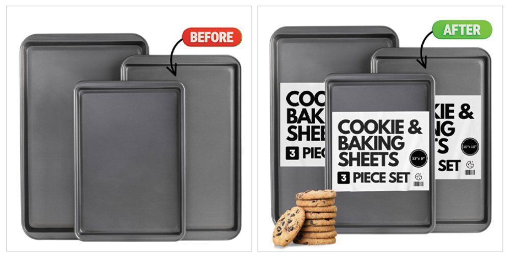 Two pictures of cookie baking sheets sold on Amazon.