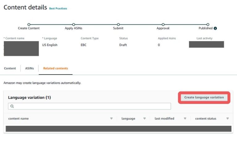 Amazon Premium A Content FAQs Click Create Language Variation