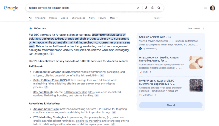 Google AI overviews impact full dtc services for amazon sellers