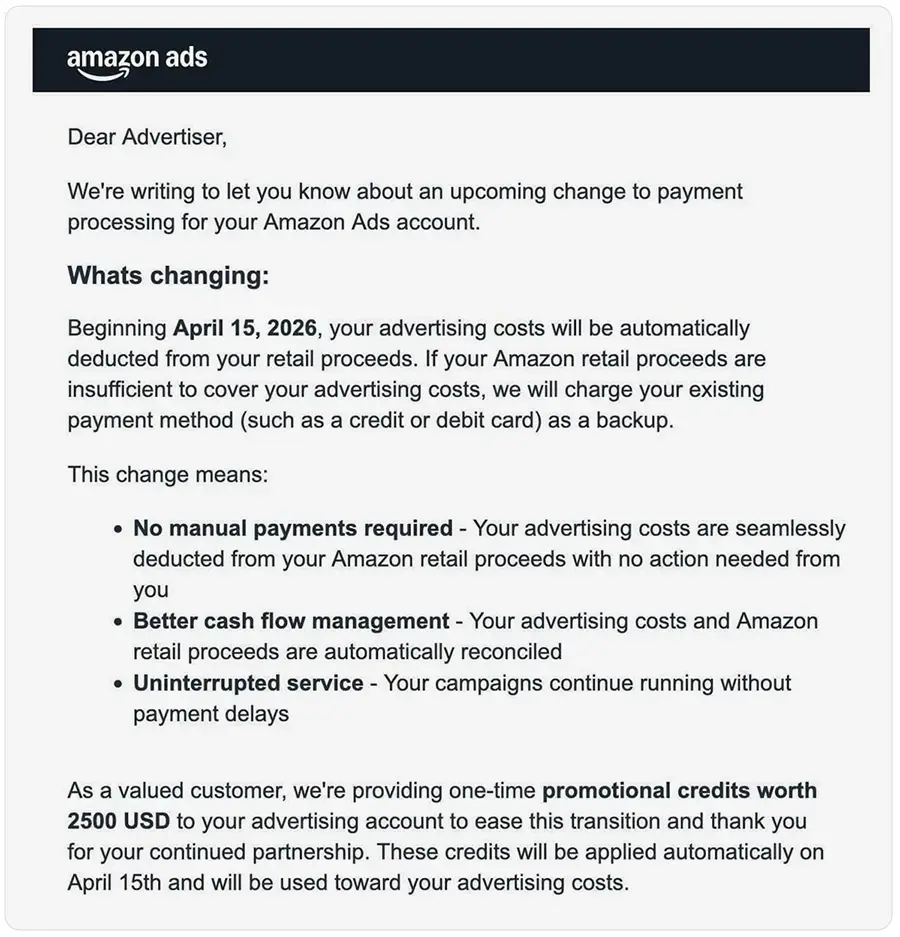 Amazon Ads payment deduction from the seller's revenue