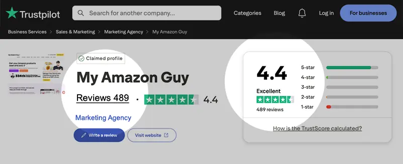 My Amazon Guy Trustpilot profile showing TrustScore and review count