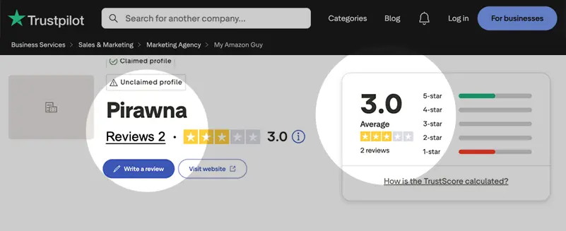 Unclaimed Pirawna Trustpilot profile showing a rating of 3.0 from two reviews
